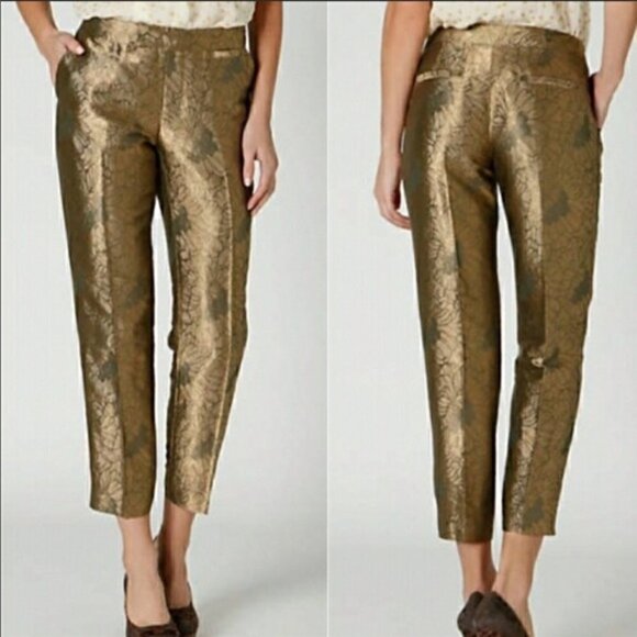 Elevenses Anthropologie Gilded Jacquard Crop Pants Gold - Picture 2 of 9